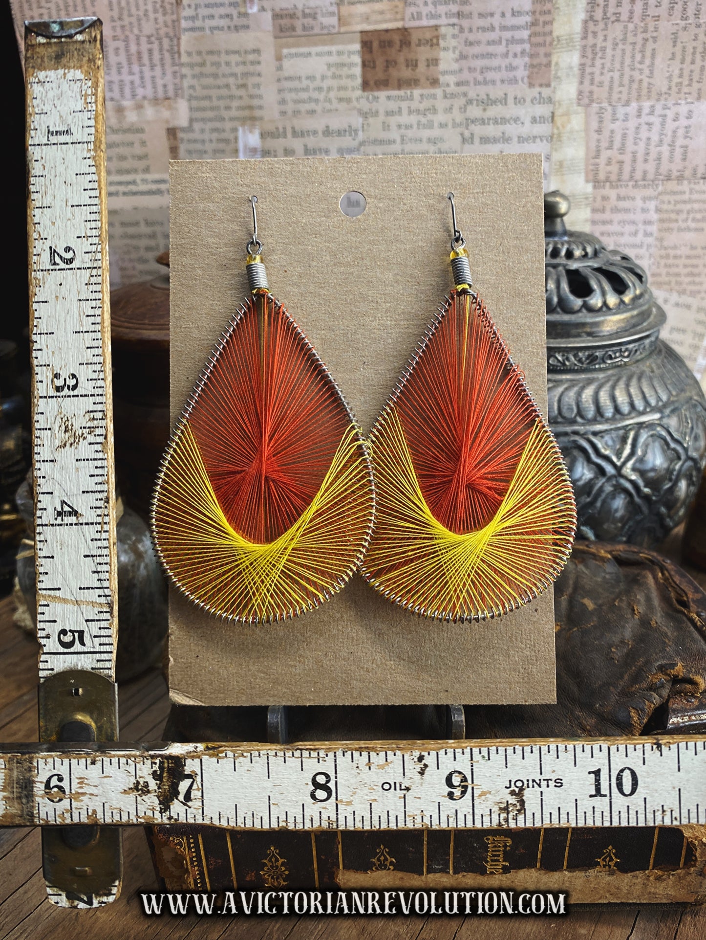 Red and Yellow, String Art, Teardrop Dangle Earrings - Handmade, Vintage, Boho Style