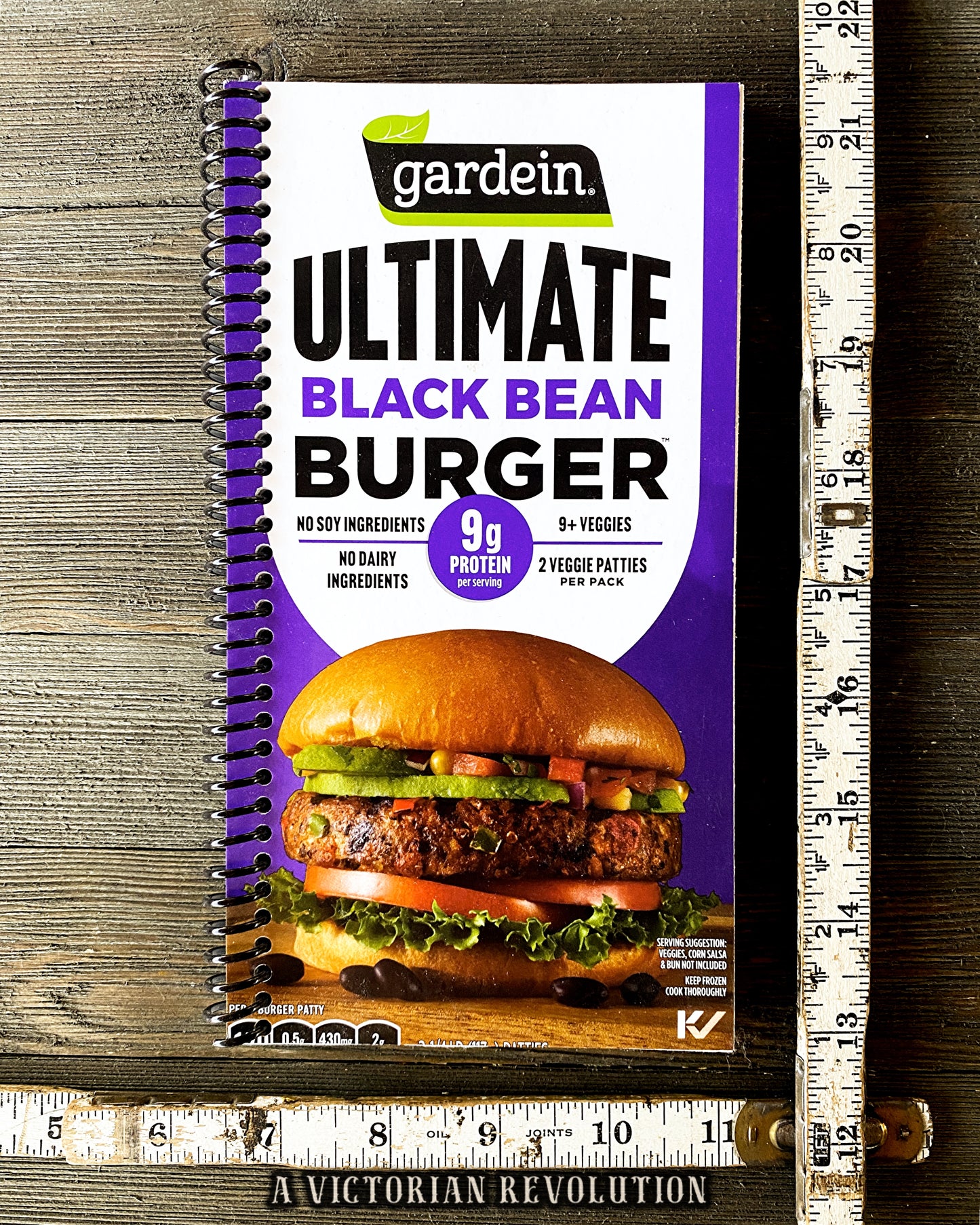 Handmade Upcycled Gardein Ultimate Black Bean Burger Spiral Notebook - Recycled Vegan + Vegetarian Eco-Friendly Gift for Foodies