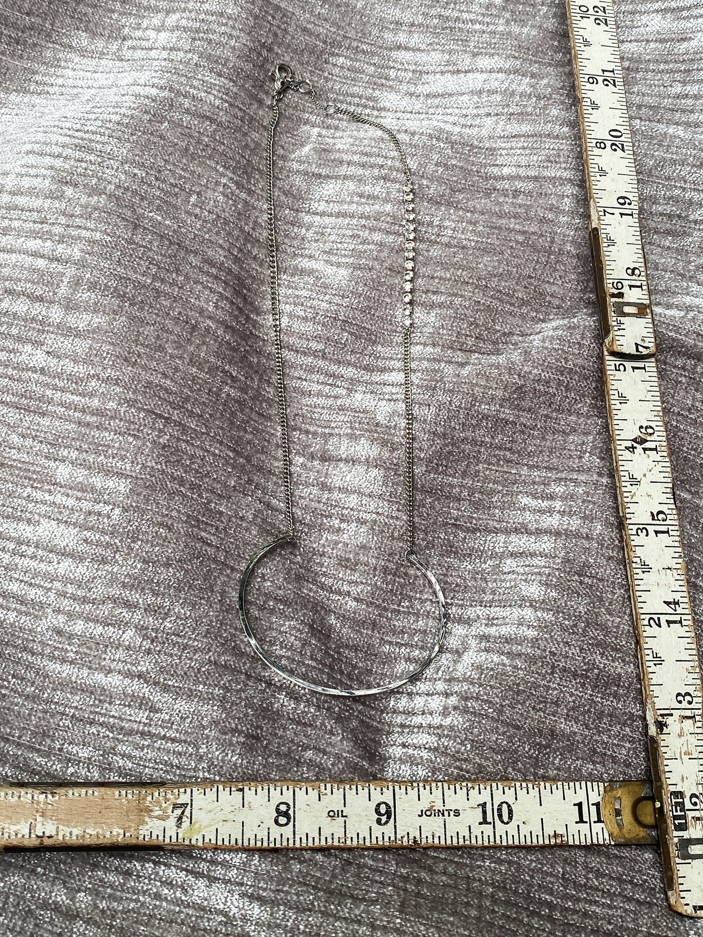 Silver Asymmetrical Geometric Hoop Necklace - Silvertone Statement Chain With Rhinestones - Modern Open Crescent Pendant