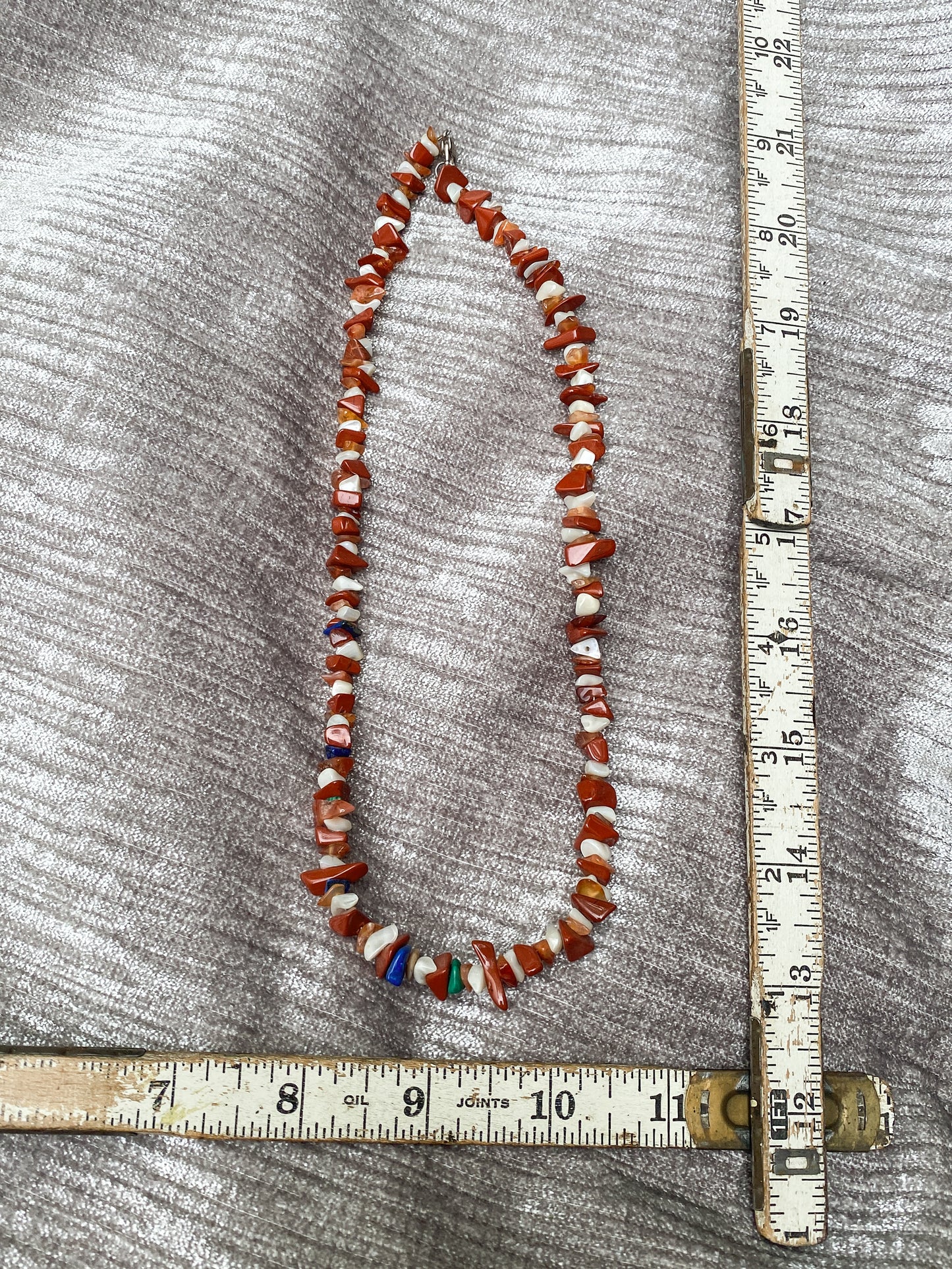 Vintage Red Jasper, Mother Of Pearl, Lapis Lazuli, Malachite and Carnelian Chip Necklace - Retro Style Natural Stone Jewelry