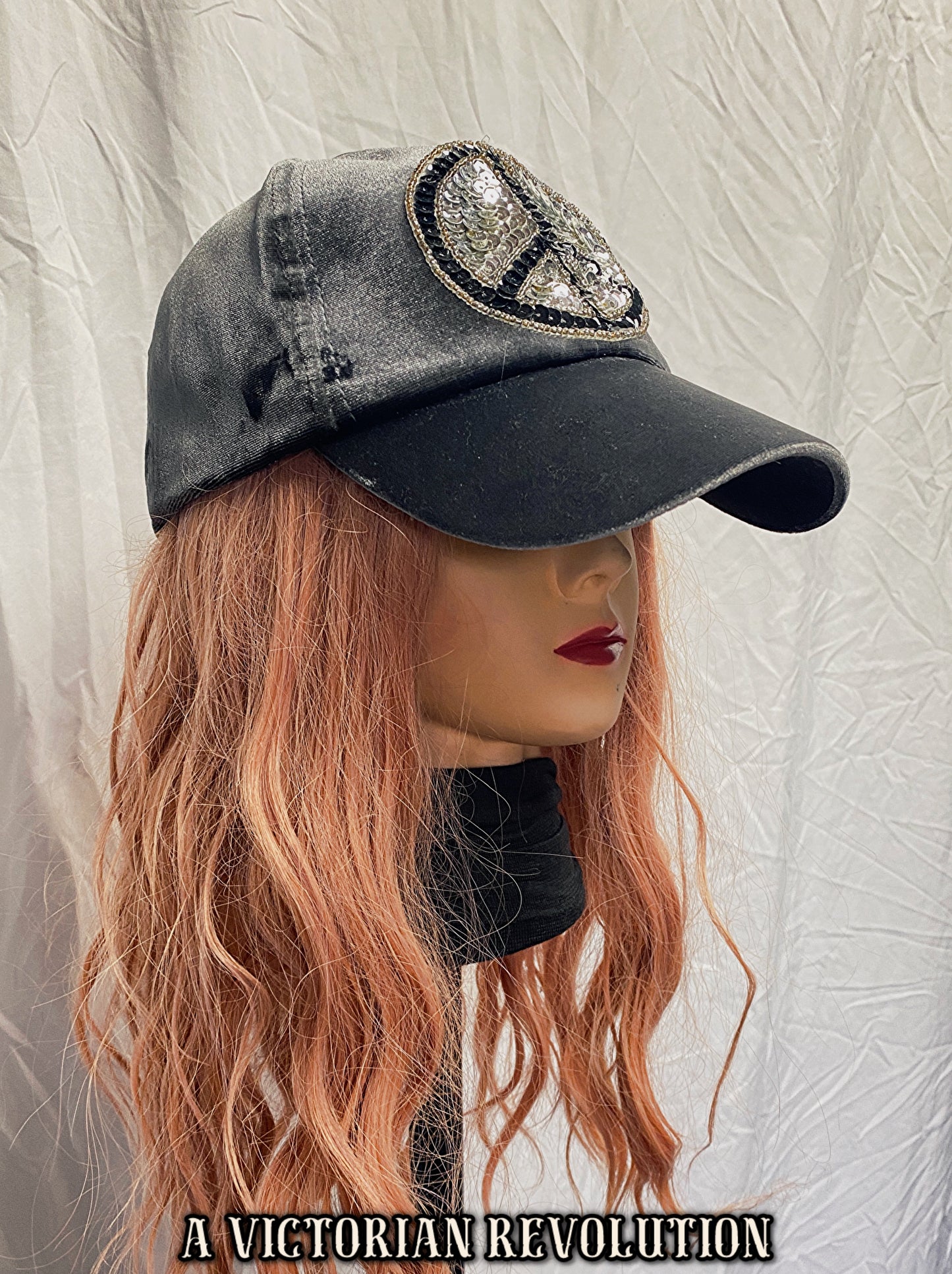 Grey Velvet + Sequin Peace Sign Baseball Cap