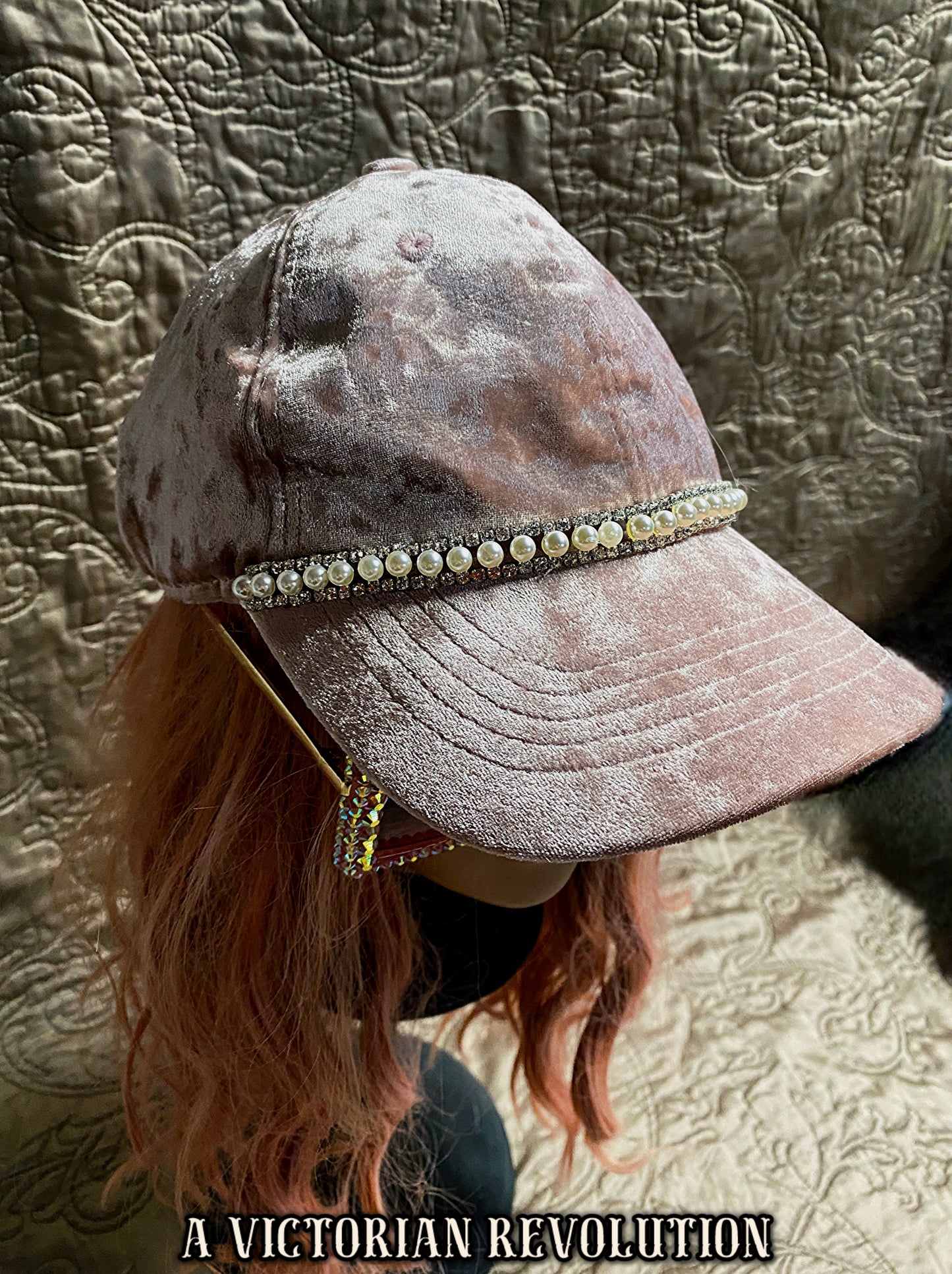 Dusty Pink Crushed Velvet Baseball Cap with Pearl + Rhinestone Trim