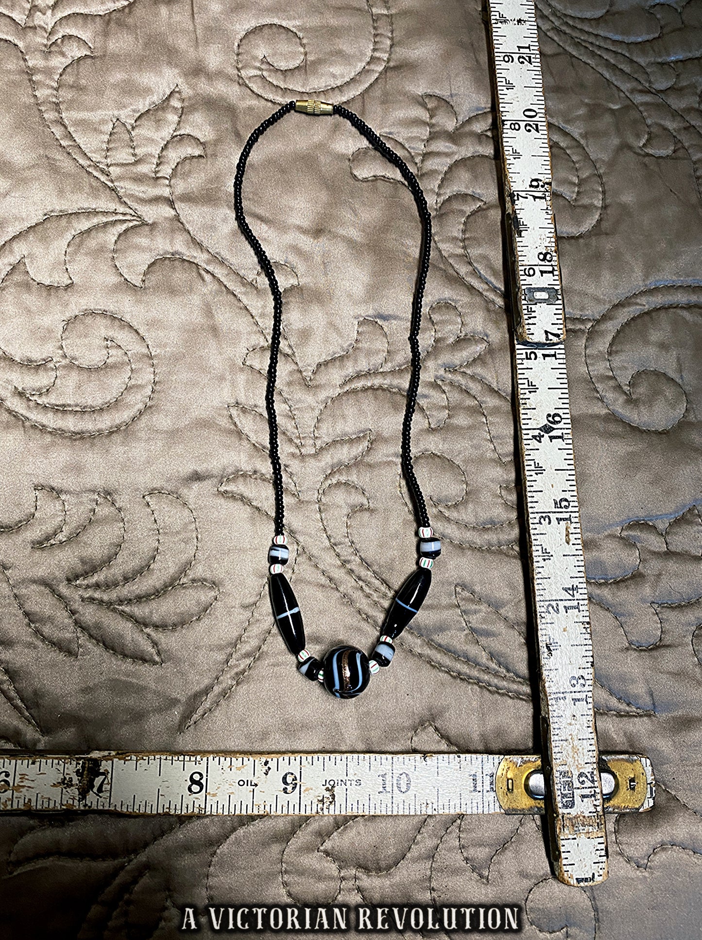 Vintage Venetian African Trade Bead Necklace – Black Glass & Aventurine – Revival Style