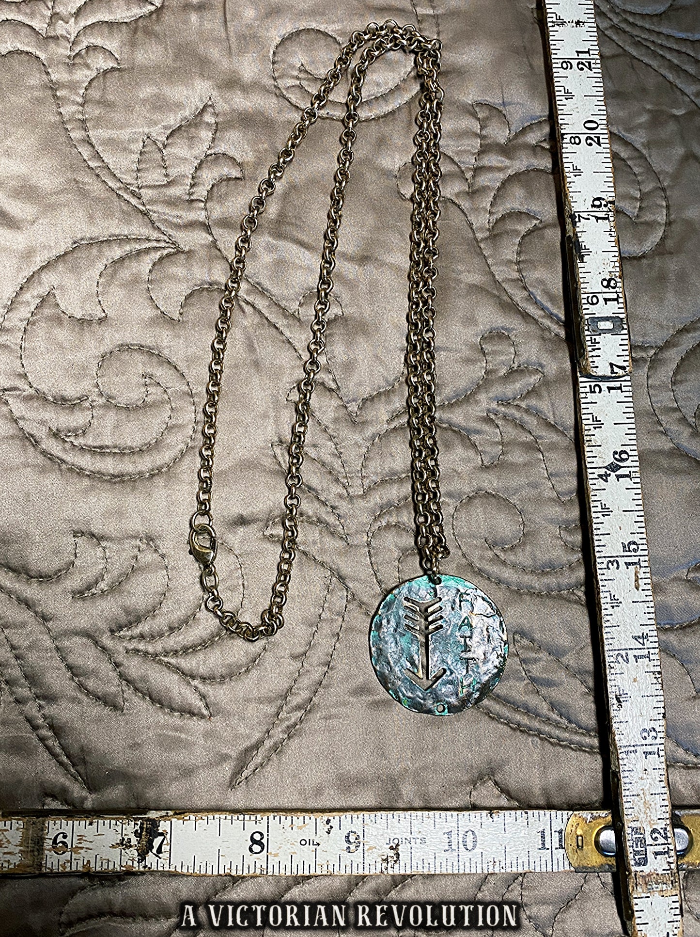Rustic Verdigris Copper "Faith" Arrow Pendant Necklace – Boho Industrial Grunge Statement Jewelry