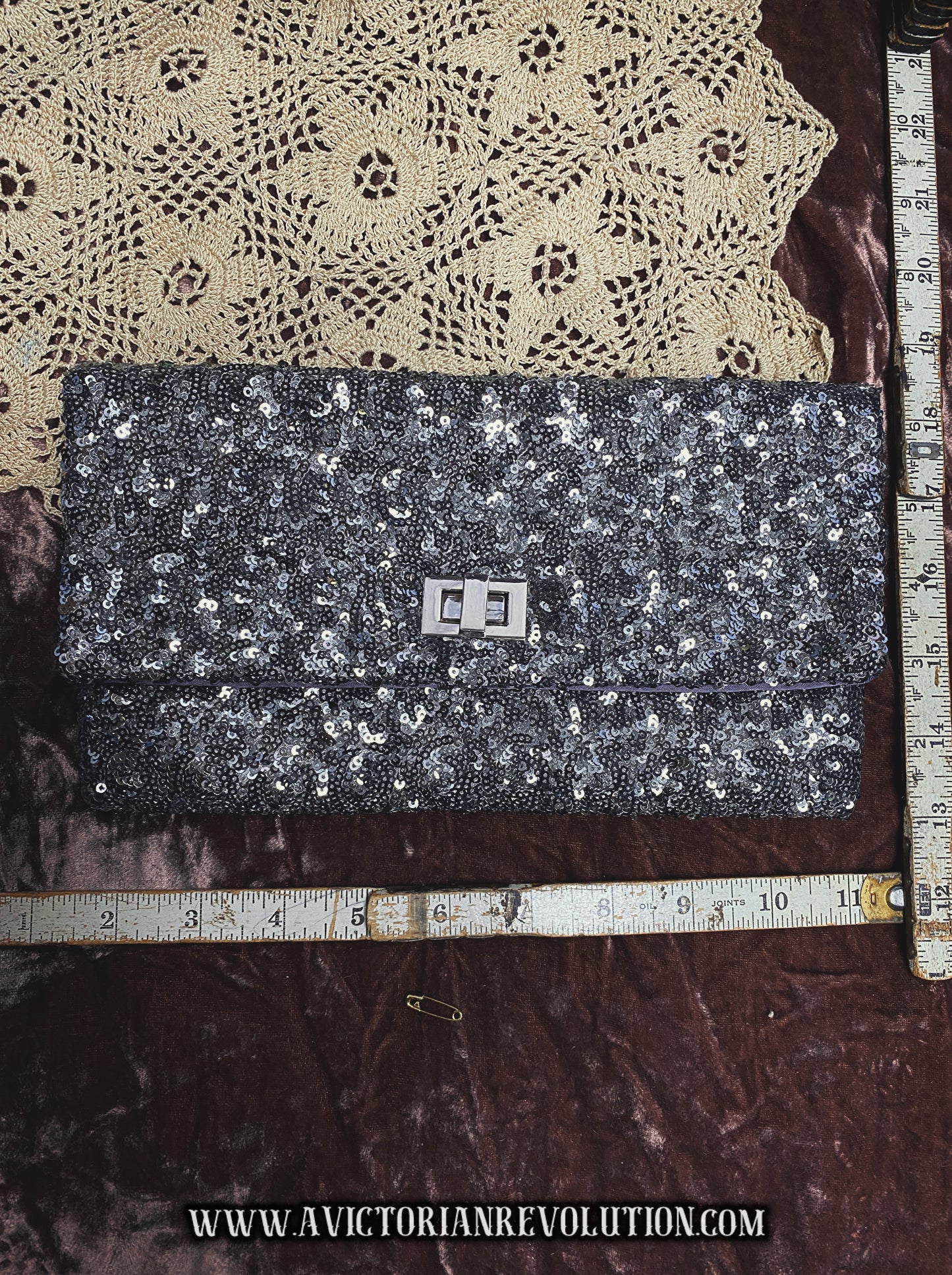 Black and Silver Sequin Foldover Clutch Vintage 1980s Evening Bag