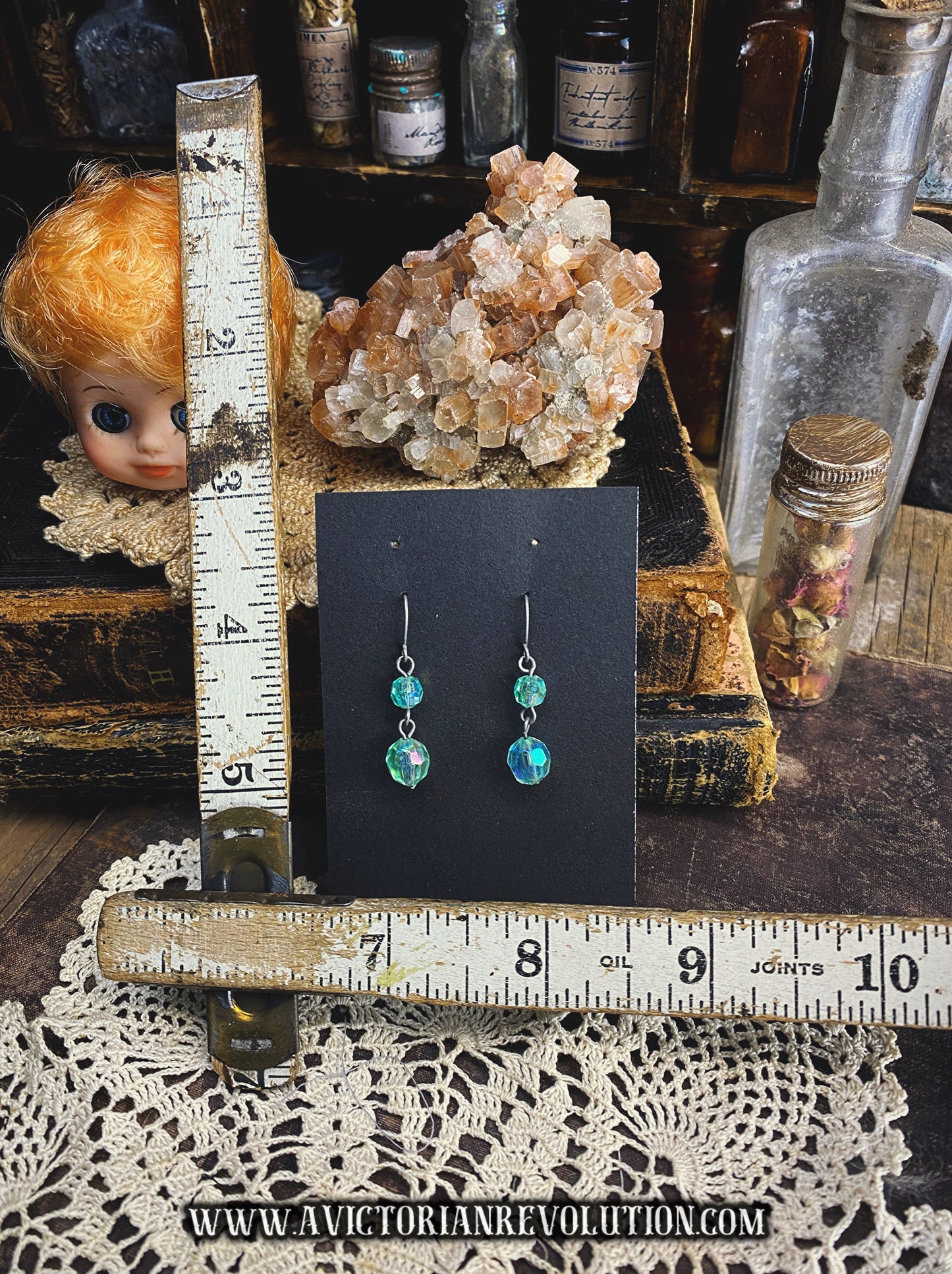 Aqua Green - Iridescent Aurora Borealis - Faceted Lucite Plastic Bead - Double Drop Dangle Earrings - Mid Century Vintage - 1960s Style - Handmade