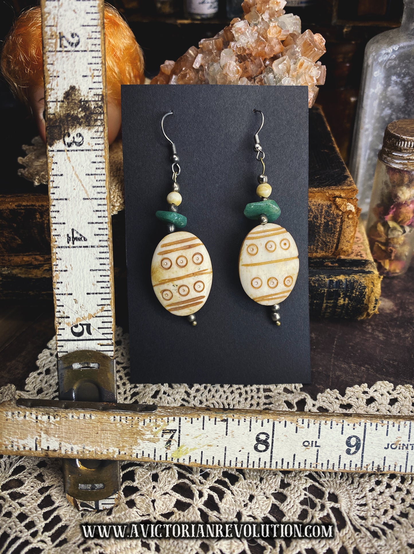 Cream, Tan, and Green – Vintage Carved Bone Dangle Earrings – 1970s Style – Handmade Boho Tribal Style Jewelry – Used Condition