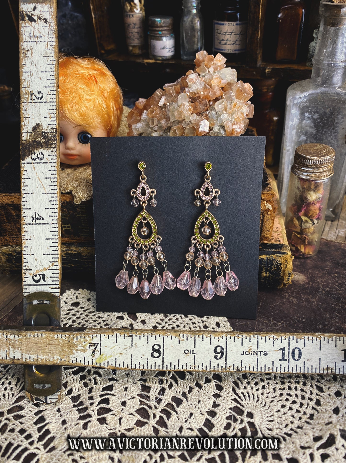Shimmering Pink and Green Crystal Chandelier Earrings - Vintage Bohemian Style - Dangle Drop Teardrop Beads - Gold Tone Retro Statement Jewelry - Use