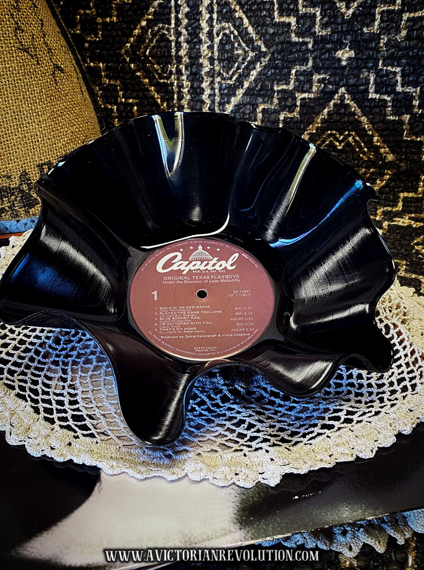 Leon McAuliffe & The Original Texas Playboys - Original Texas Playboys - 1979 - Capitol Records - Western Swing - Salvaged + Upcycled Vinyl LP Record Album - Decorative Bowl