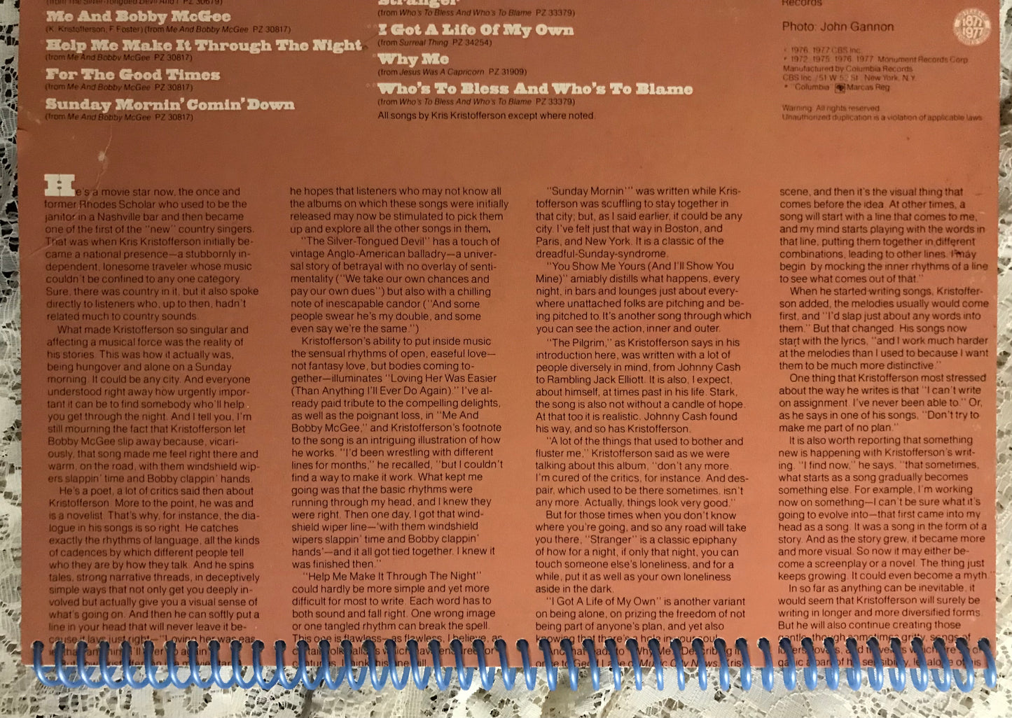 Kris Kristofferson, Songs Of, Album Cover Notebook