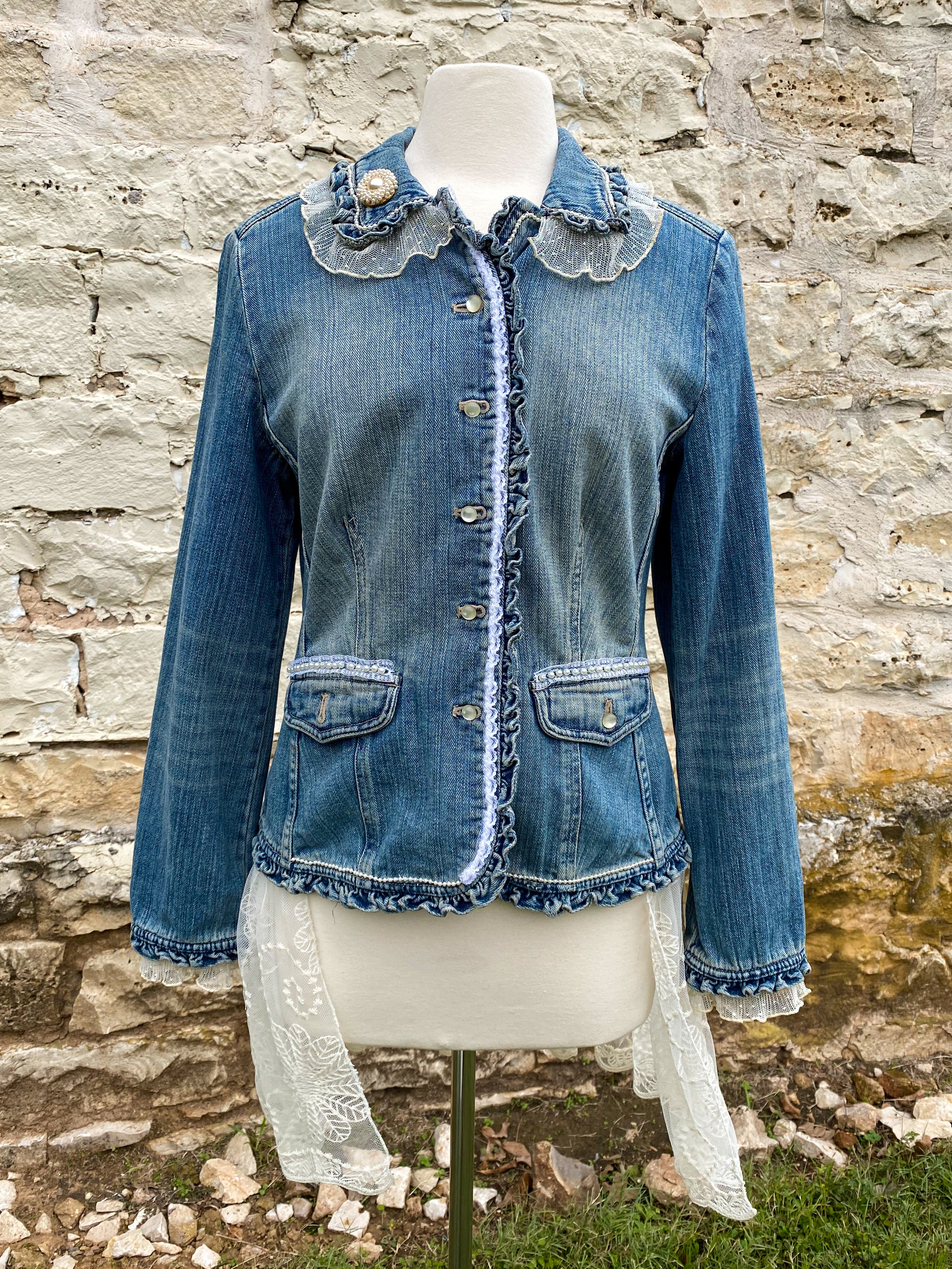 Denim and Lace Upcycled Victorian Jacket -MEDIUM