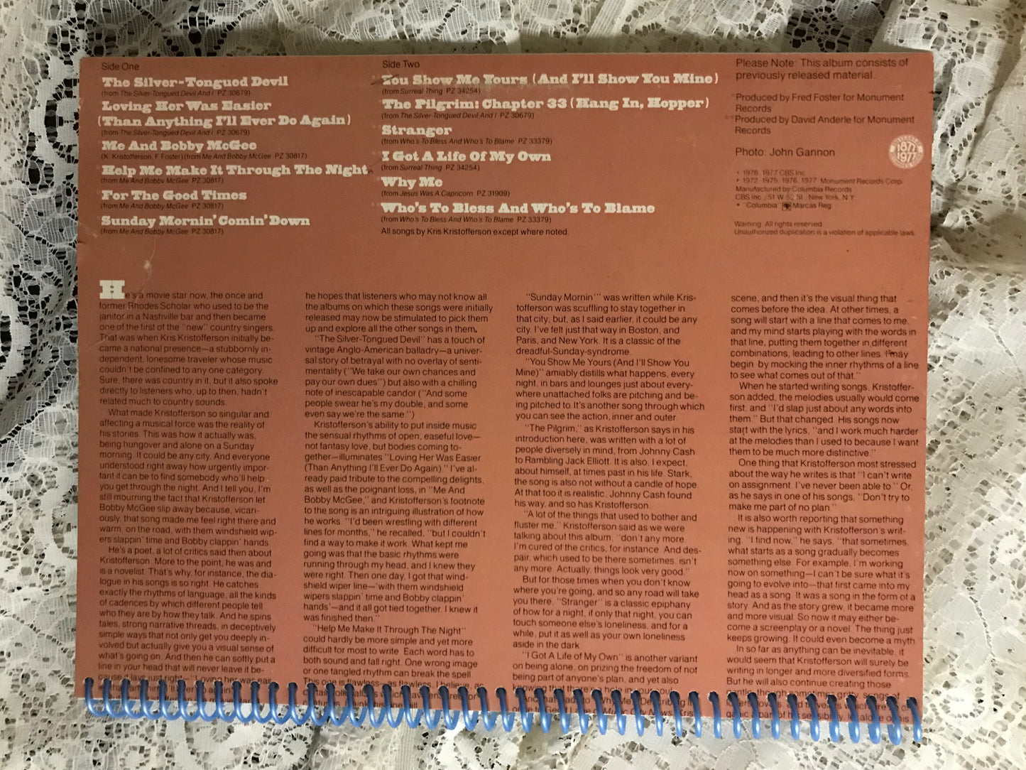 Kris Kristofferson, Songs Of, Album Cover Notebook