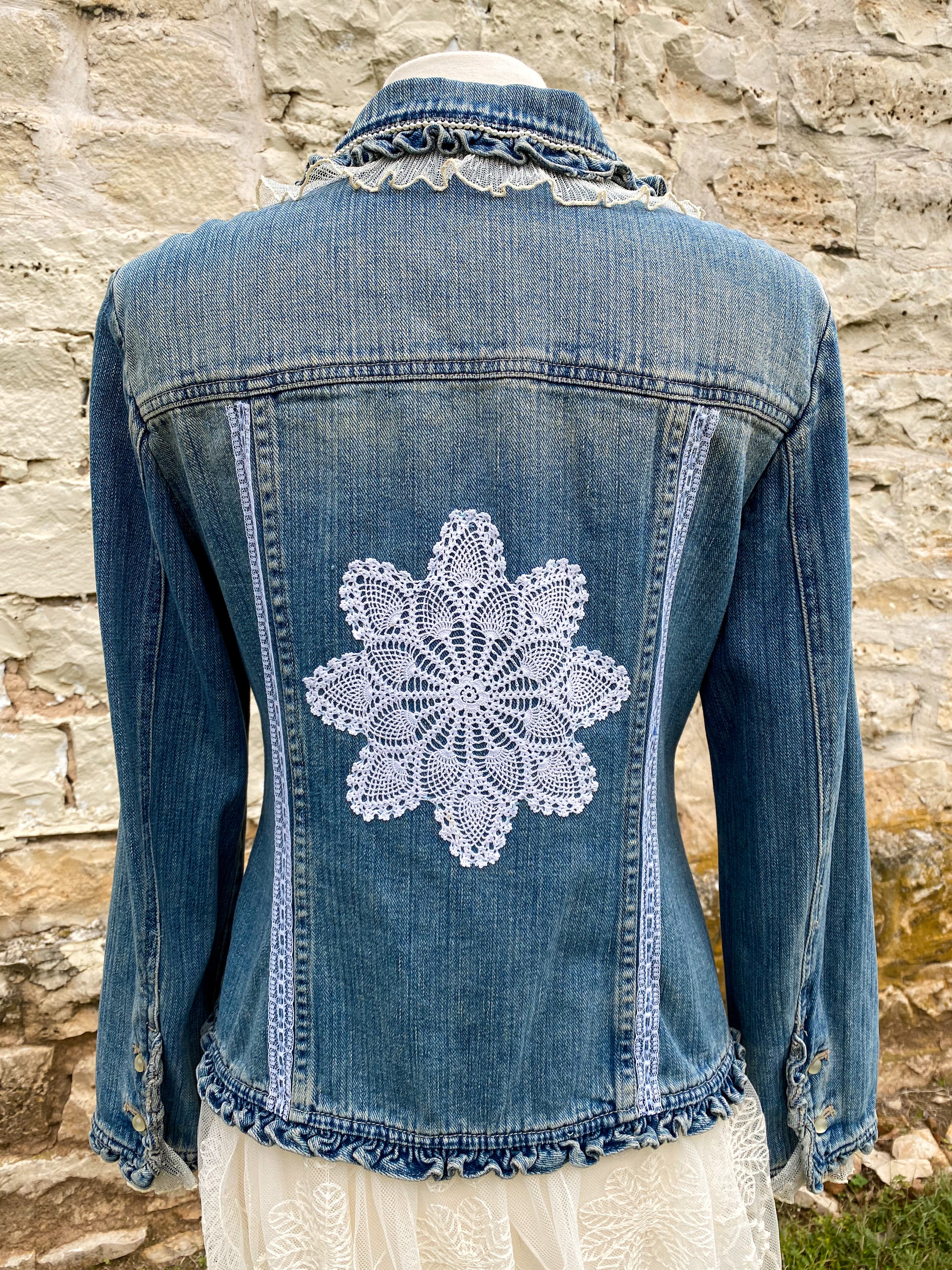 Denim and Lace Upcycled Victorian Jacket -MEDIUM