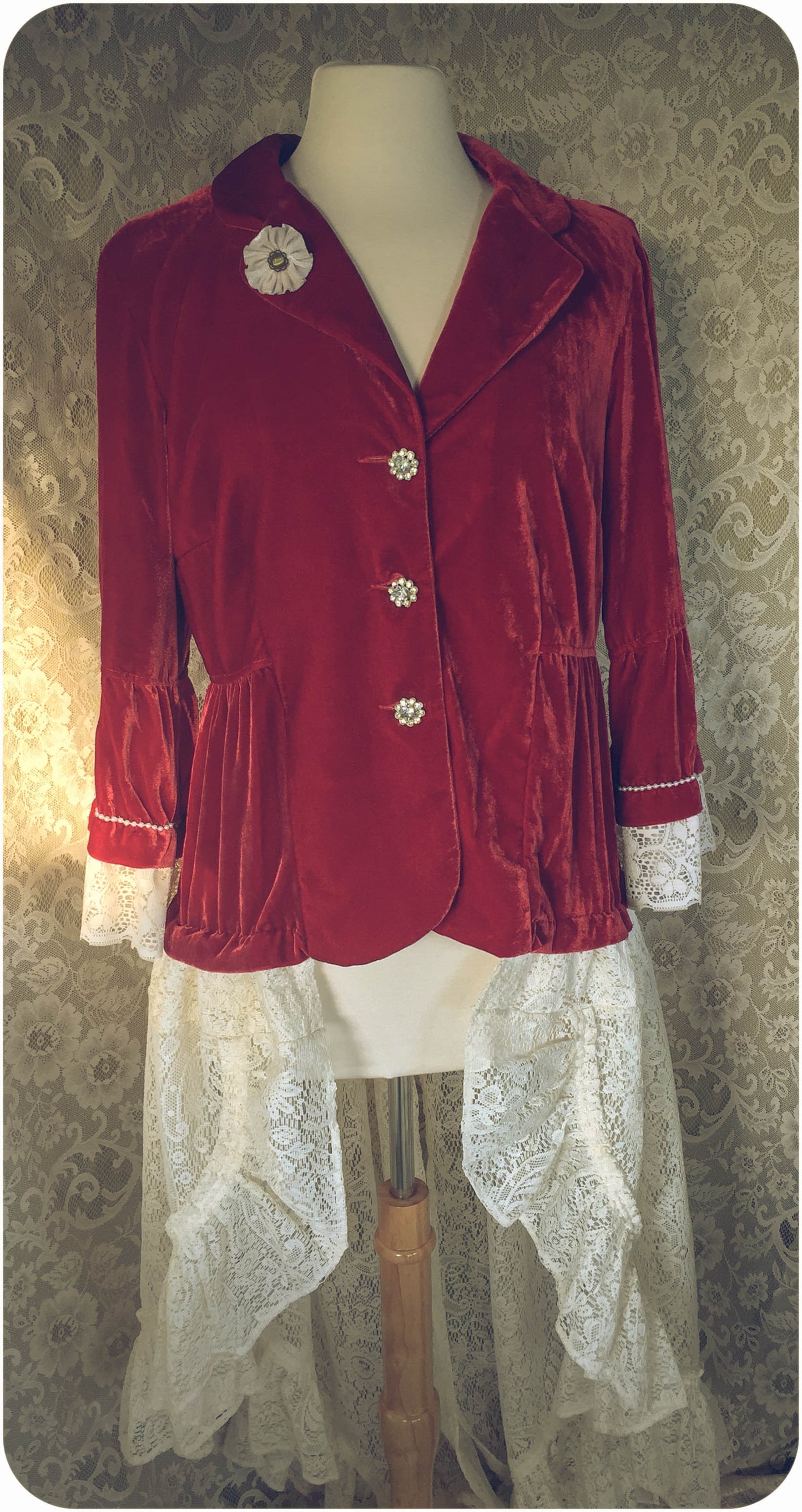 The Red Queen - Crushed Velvet Upcycled Victorian Jacket - Medium