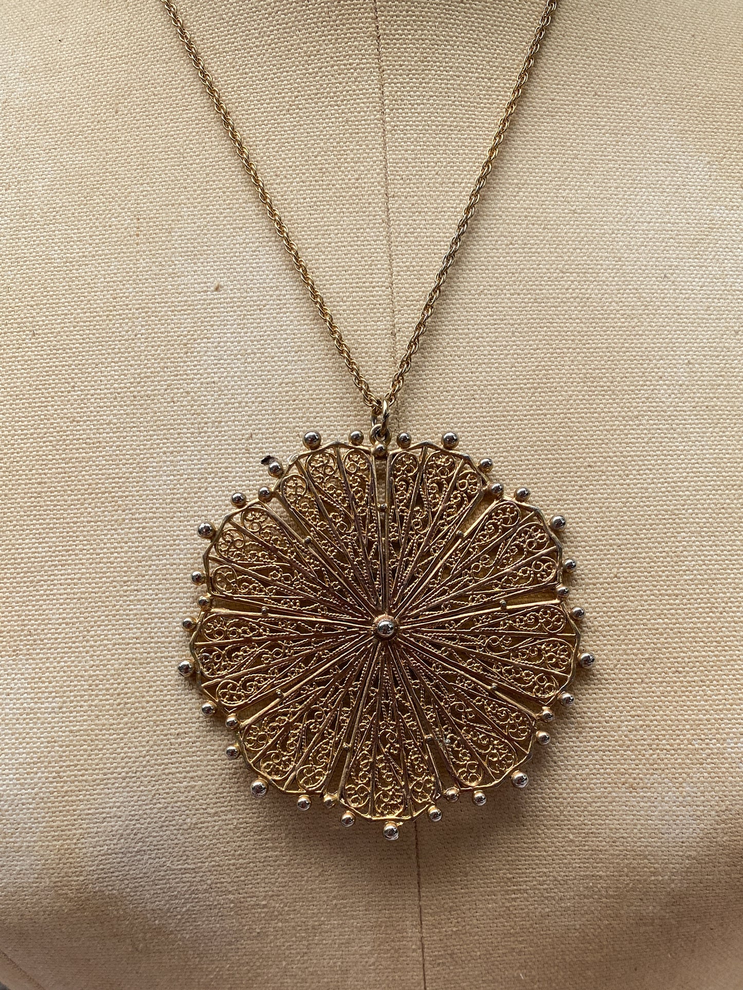 Vintage Gold-Tone Oversized Filigree Sunburst Pendant Necklace, 1970s Style Retro Boho Mandala Statement Piece, Long Rope Chain