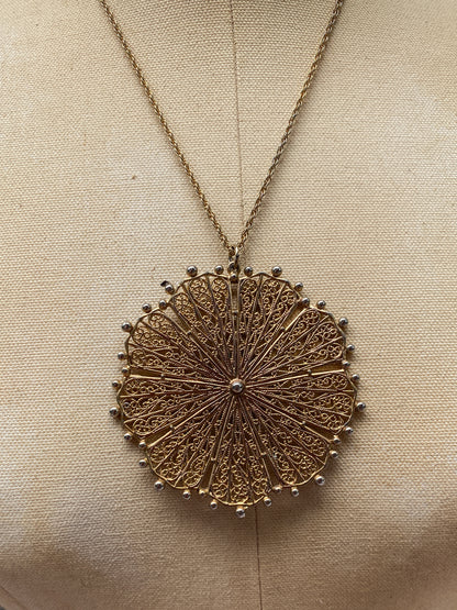 Vintage Gold-Tone Oversized Filigree Sunburst Pendant Necklace, 1970s Style Retro Boho Mandala Statement Piece, Long Rope Chain