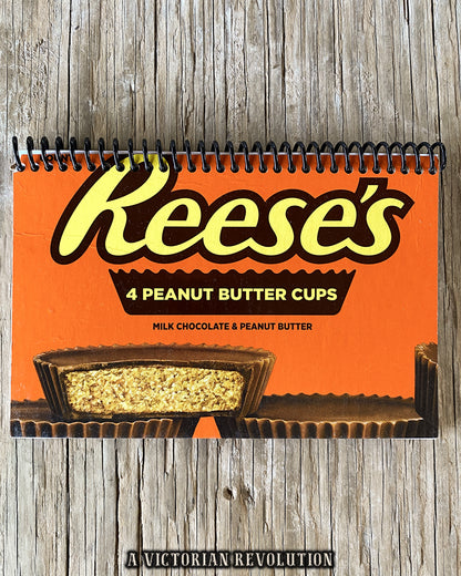 Handmade Upcycled Reese’s Peanut Butter Cup Candy Wrapper Spiral Notebook Journal – Recycled Chocolate Snack Packaging Stationery – Unique Eco-Friendly Gift for Candy Lovers