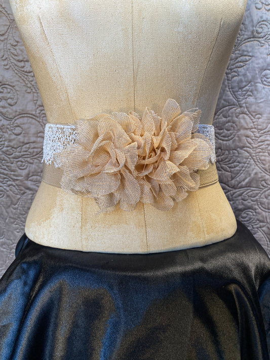 Tan Elastic Waist Belt - Flower + White Lace - Shabby Victorian - Boho Rustic