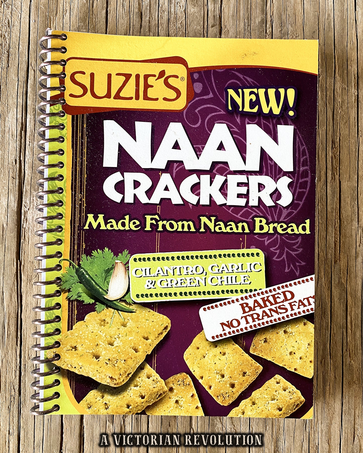 Upcycled Suzie's Naan Crackers Handmade Spiral Notebook - Cilantro Garlic + Green Chile Foodie Journal - Eco-Friendly Recycled Stationery Gift for a Vegan or Vegetarian