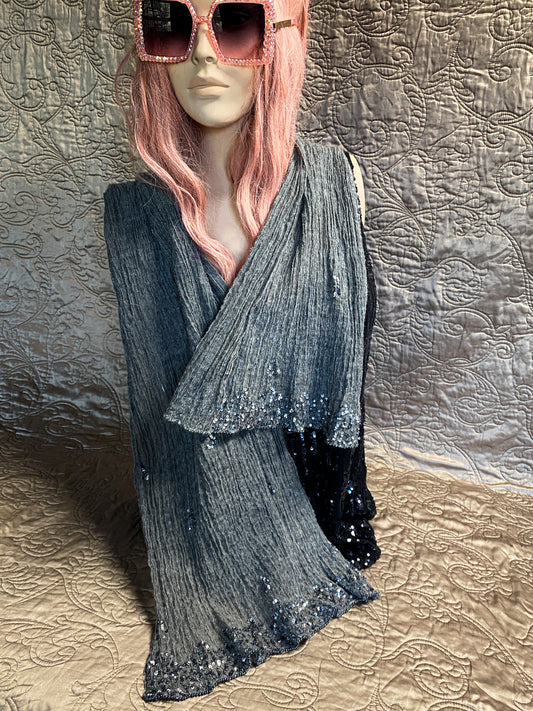 Beautiful Grey Silk + Wool Scarf - Sequin Beaded Border - Bohemian Wrap Shawl