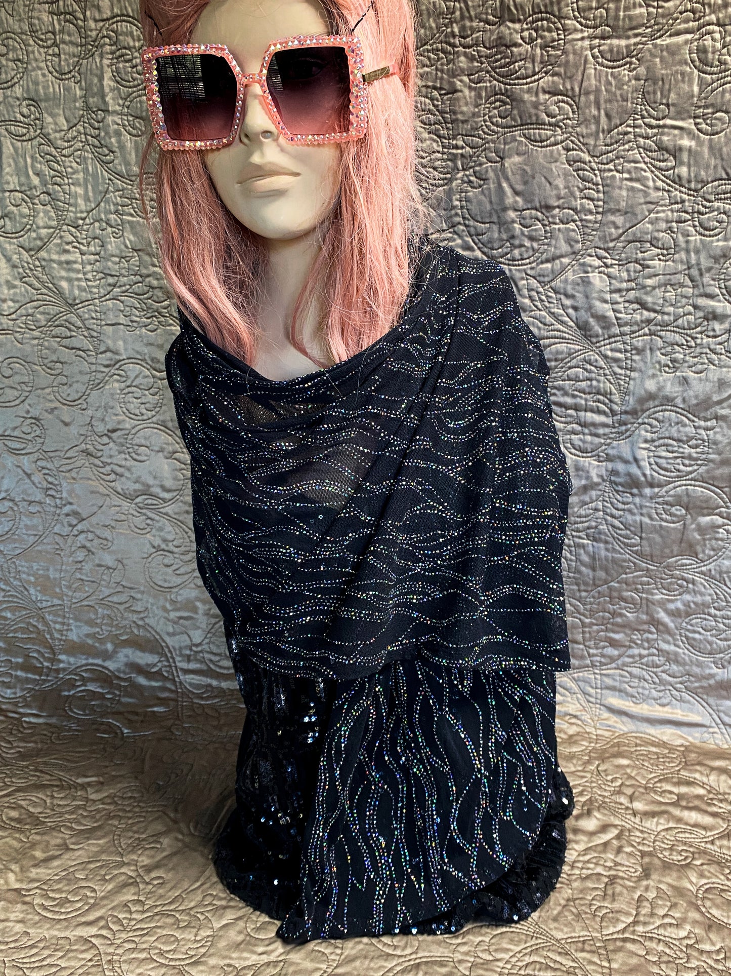 Black Sheer Scarf, Evening Shawl - Lightweight Holographic Glitter - Y2K Glam