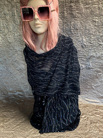 Black Sheer Scarf, Evening Shawl - Lightweight Holographic Glitter - Y2K Glam