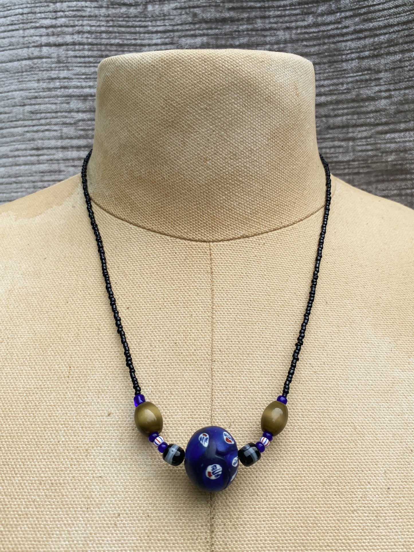 Blue Clay Bead Necklace - Patterned Focal Piece, Black Seed Beads, Retro Style Jewelry