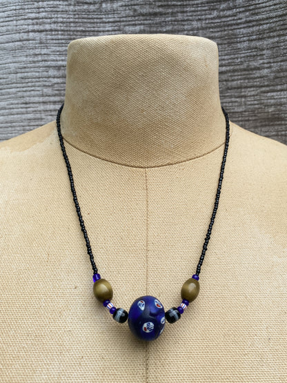 Blue Clay Bead Necklace - Patterned Focal Piece, Black Seed Beads, Retro Style Jewelry