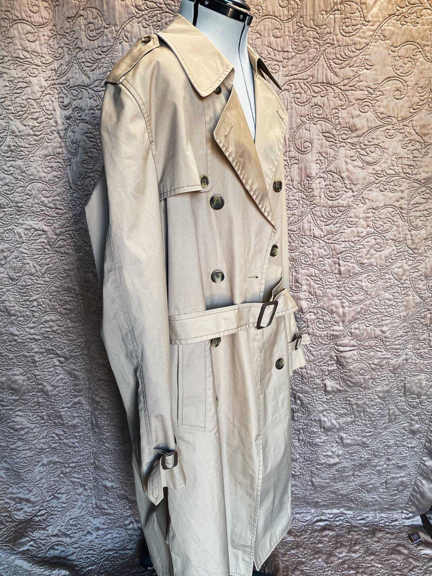 Vintage Tan London Fog Double Breasted Trench Maincoat - Belted Waist, Zip-out Liner, Classic Style, Retro Raincoat - Size 42 Ex-Long