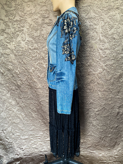 Denim Jacket with Black Lace Appliques and Long Black Lace Skirt XS