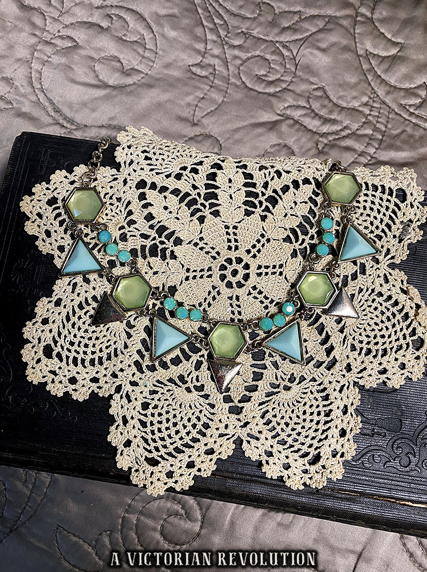 Mint Green and Teal Geometric Statement Necklace – Gold Tone Art Deco Revival Necklace - Costume Jewelry