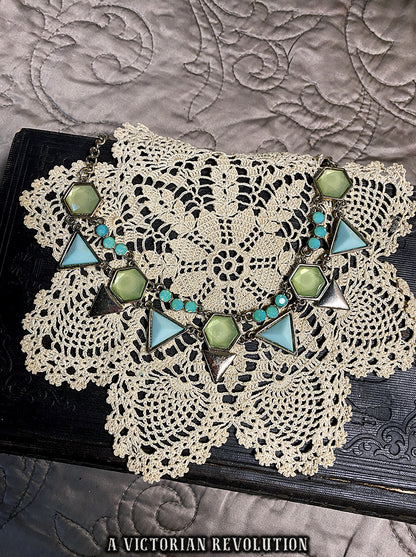 Mint Green and Teal Geometric Statement Necklace – Gold Tone Art Deco Revival Necklace - Costume Jewelry