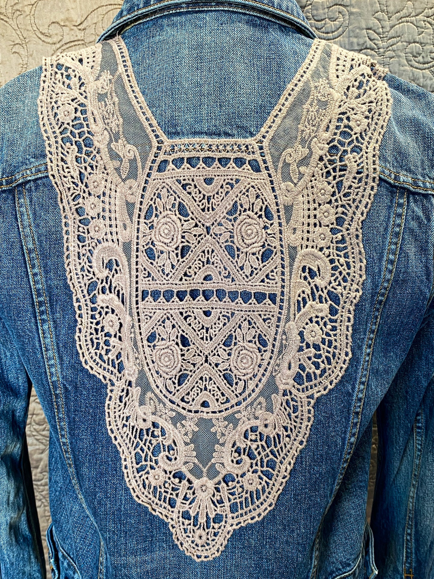 Upcycled Denim Jacket, Shabby Victorian Boho, Small, Crochet Lace Applique, Distressed Jean Jacket
