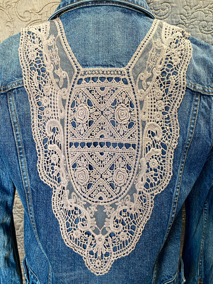 Upcycled Denim Jacket, Shabby Victorian Boho, Small, Crochet Lace Applique, Distressed Jean Jacket