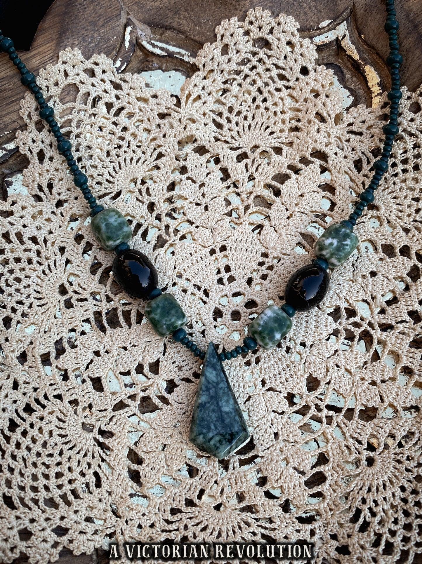 Moss Agate and Onyx Beaded Necklace - Earthy Green and Black Stone - Geometric Shield Pendant - Vintage Boho Style - Handcrafted Aesthetic