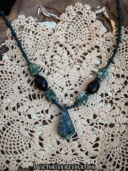 Moss Agate and Onyx Beaded Necklace - Earthy Green and Black Stone - Geometric Shield Pendant - Vintage Boho Style - Handcrafted Aesthetic