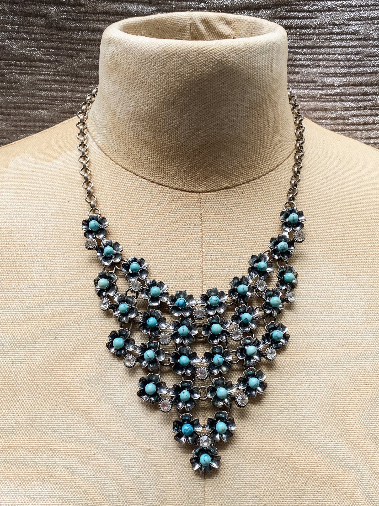 Silver Tone Faux Turquoise Floral Bib Statement Necklace - Retro Southwestern Style Rhinestone Flower Choker - Vintage Aesthetic