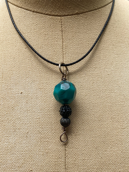 Teal Plastic Bead Drop Pendant - Black Cord Necklace - Minimalist Retro Style