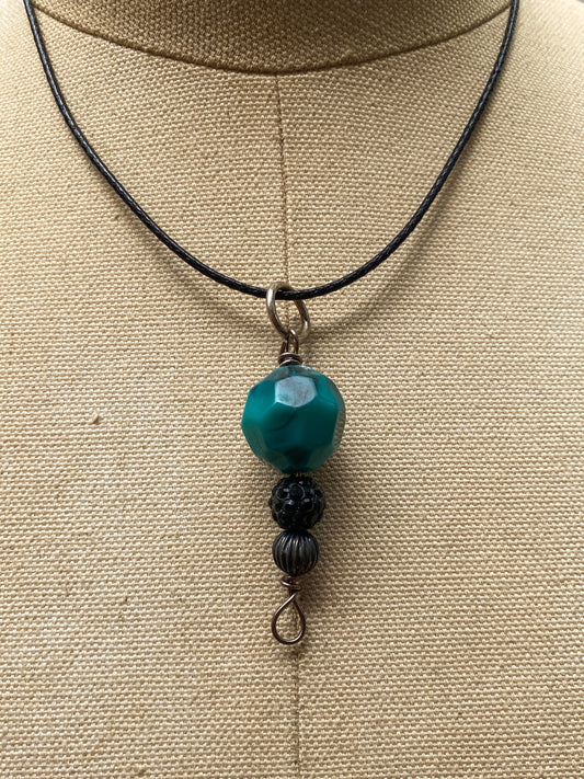 Teal Plastic Bead Drop Pendant - Black Cord Necklace - Minimalist Retro Style
