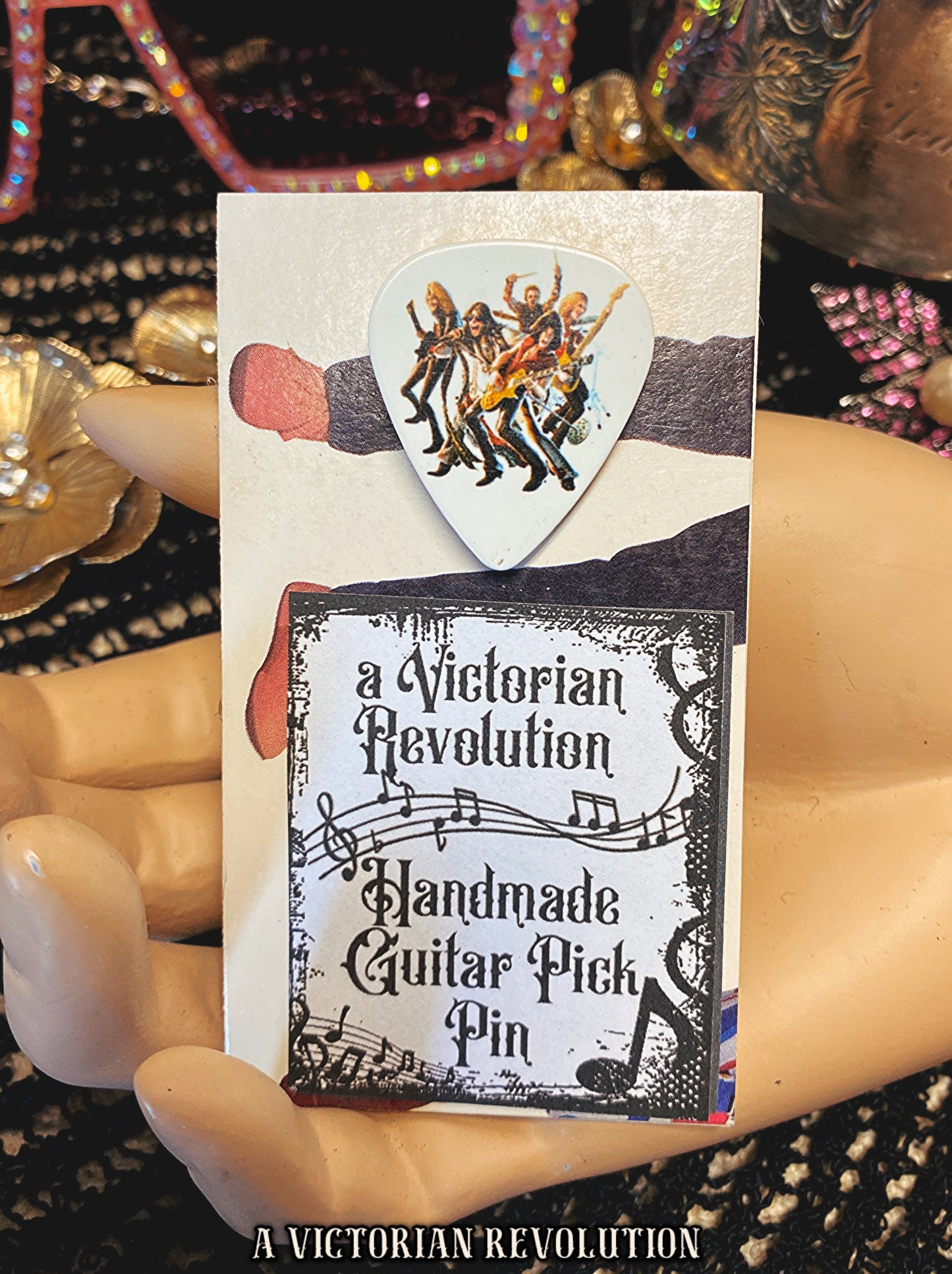 Handmade Upcycled Aerosmith Guitar Pick Pin - Classic Rock Band Jewelry - Music Lover Gift - Unique Accessory for Jackets and Bags
