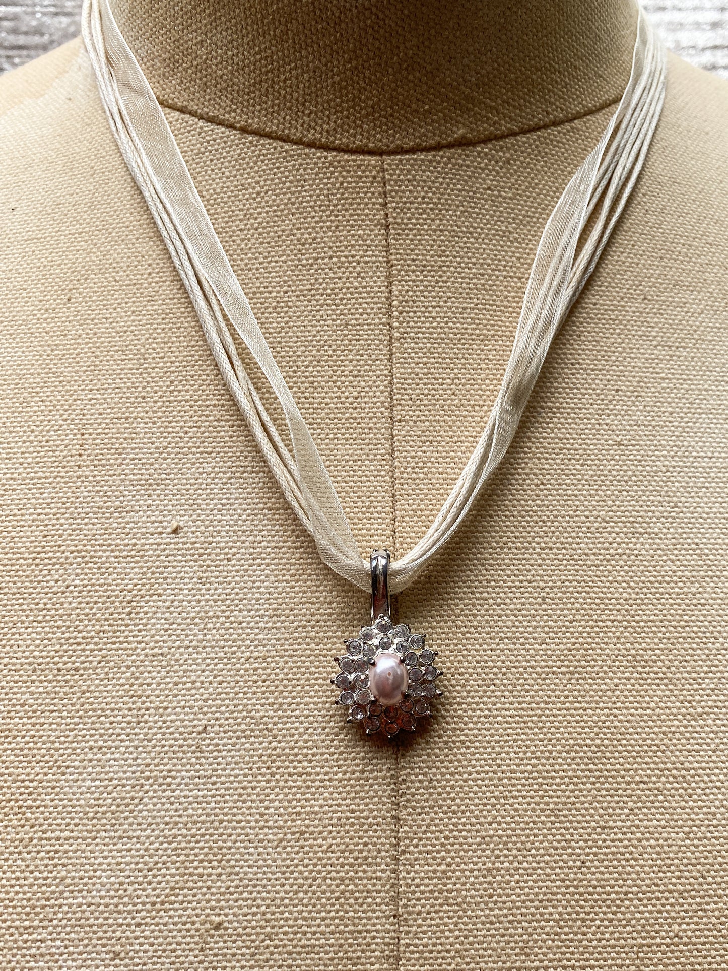 Retro Style Rhinestone + Faux Pearl Petal Cluster Pendant - Ribbon Necklace - Costume Jewelry