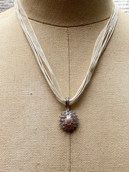 Retro Style Rhinestone + Faux Pearl Petal Cluster Pendant - Ribbon Necklace - Costume Jewelry
