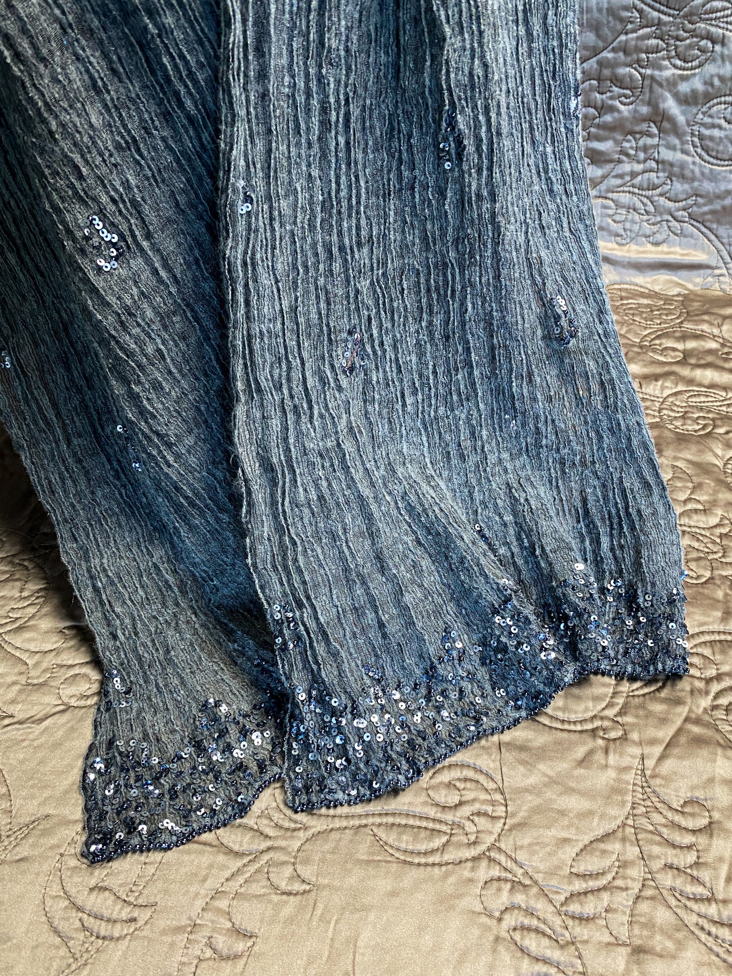 Beautiful Grey Silk + Wool Scarf - Sequin Beaded Border - Bohemian Wrap Shawl