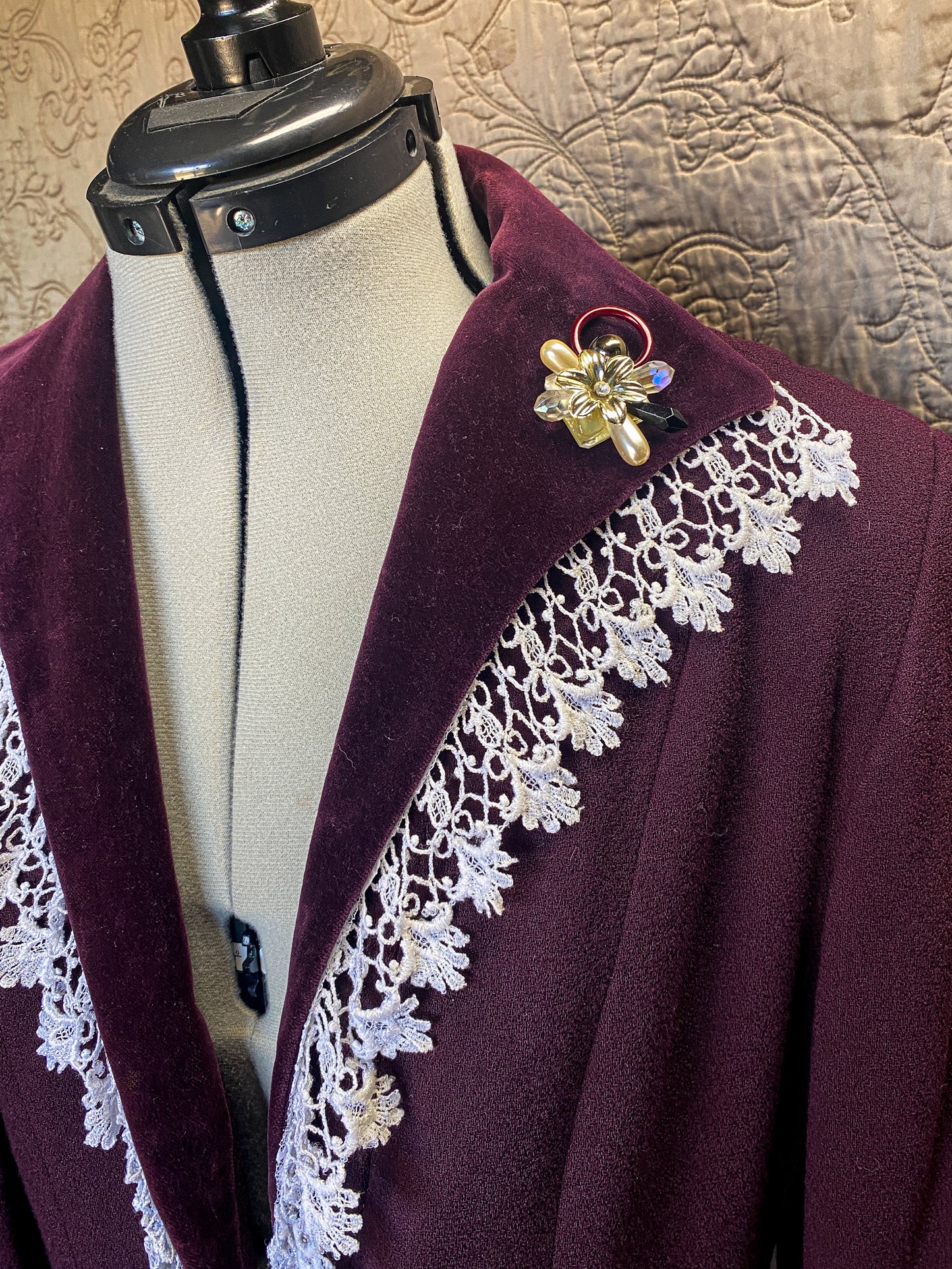 Eggplant Purple - Wool Blazer - Upcycled Victorian Style - Large - Vintage Lace + Velvet Trim - Romantic Academia Style