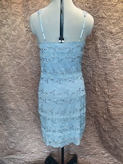 Light Blue Lace Sequin Sheath Mini Dress - V-Neck, Adjustable Straps, Stretchy - Y2K, Vintage Arden B - Size 12