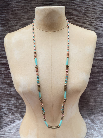 Vintage Turquoise Blue And Pink Long Beaded Necklace - Boho Southwestern Style - 1970s Retro Jewelry - Metal Accents
