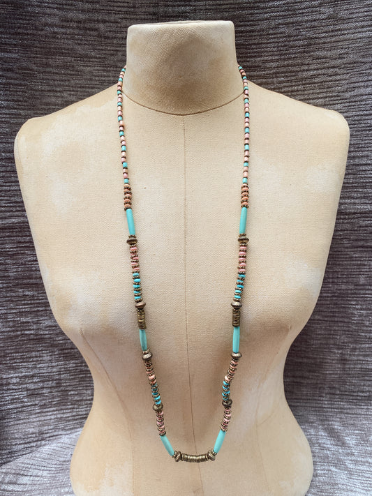 Vintage Turquoise Blue And Pink Long Beaded Necklace - Boho Southwestern Style - 1970s Retro Jewelry - Metal Accents