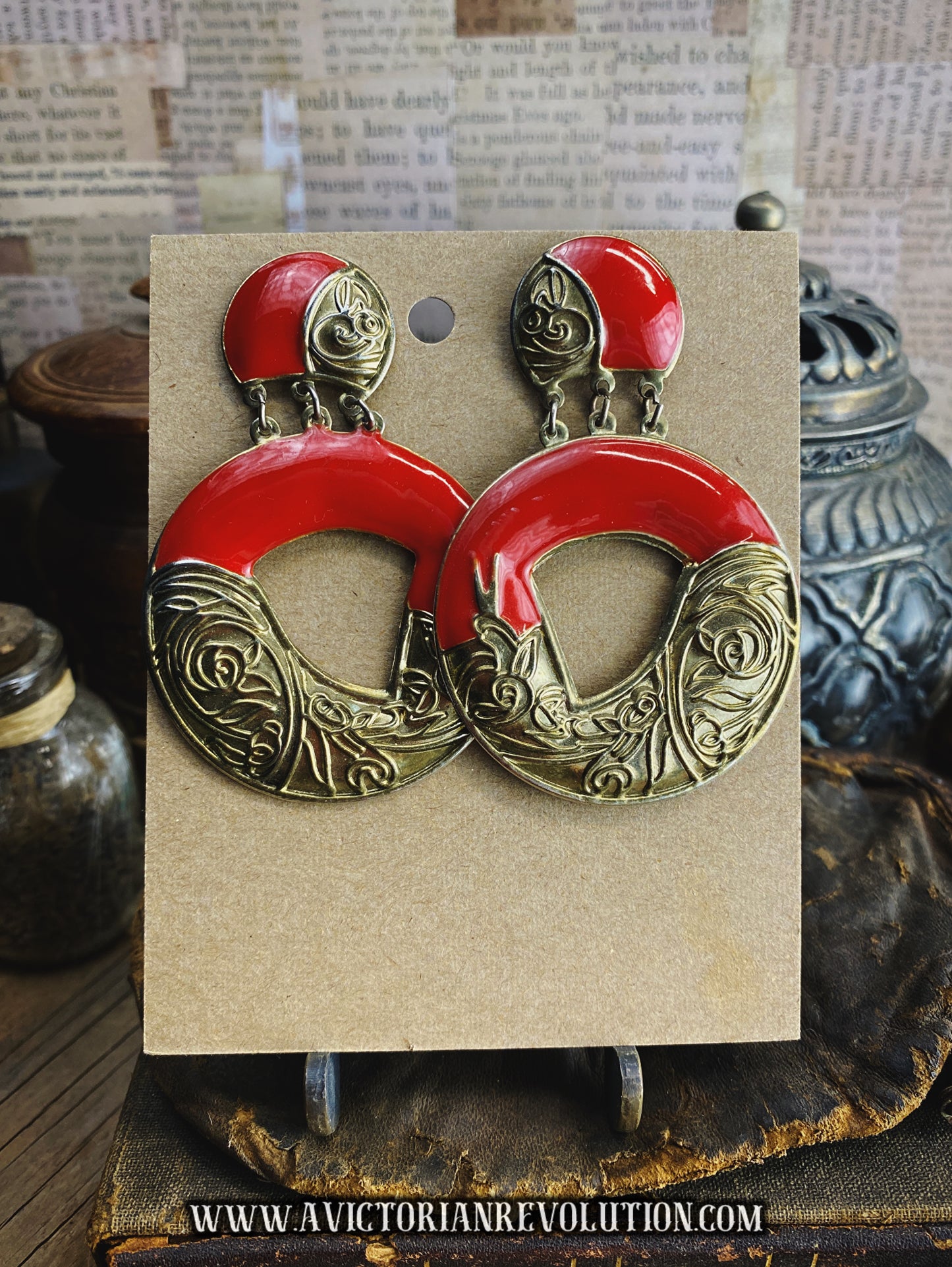 Red Enamel and Gold Tone Floral Dangle Door Knocker Statement Earrings - Vintage - 1980s