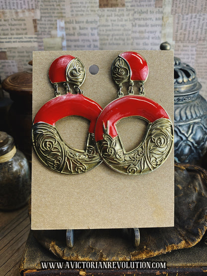 Red Enamel and Gold Tone Floral Dangle Door Knocker Statement Earrings - Vintage - 1980s