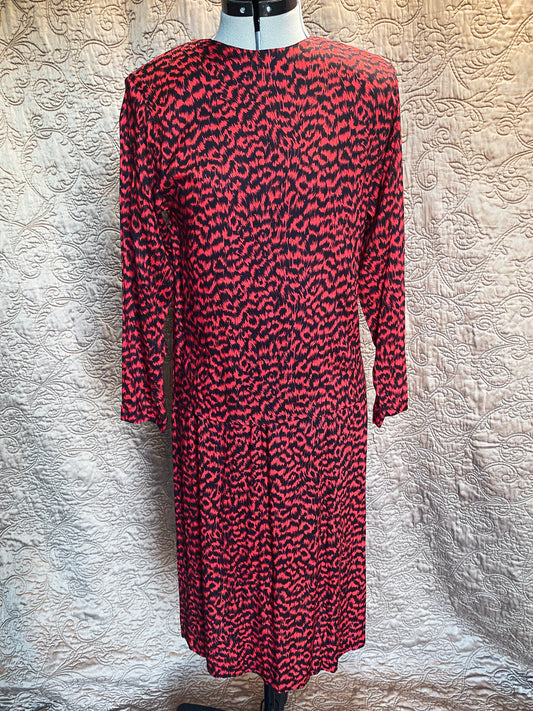Vintage Red and Black Animal Print Skirt and Top Set - Two-Piece Matching Set - Rafaella Petites - Patterned Midi Skirt + Long Sleeve Shirt